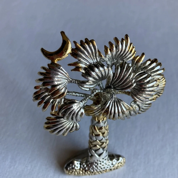 Vintage Palm Tree Brooch Pin Pendant Silver Gold Tone Moon Signed By Best - Picture 4 of 13